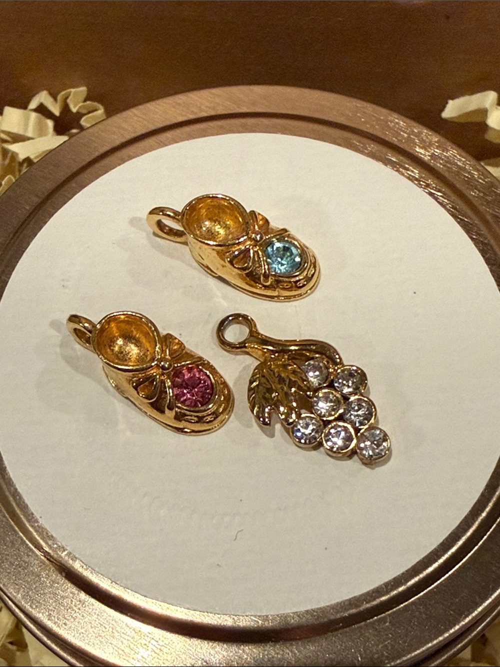 Gold Tone Baby Shoe and Crystal Grape Charm Set - Pink & Blue Accents